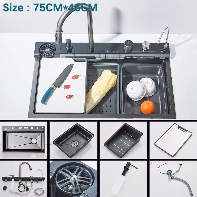 Lavello da cucina – Lavello da incasso, vasca singola – Miscelatore a cascata con controllo touch – Display digitale – Acciaio inossidabile 304 – Finitura spazzolata – Grigio 202