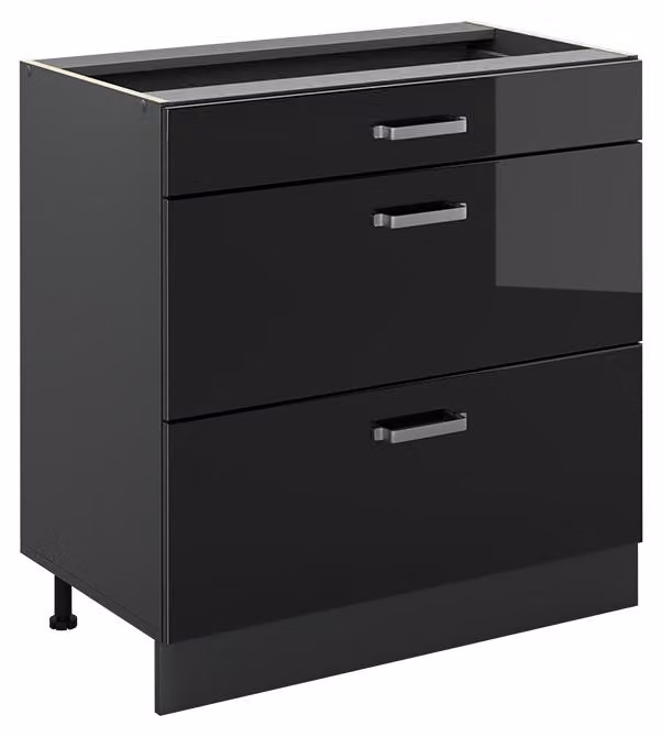 Mobiletto base per cucina Vicco R-Line Nero lucido/Antracite 80 cm con 3 cassetti senza piano di lavoro, Model 72411