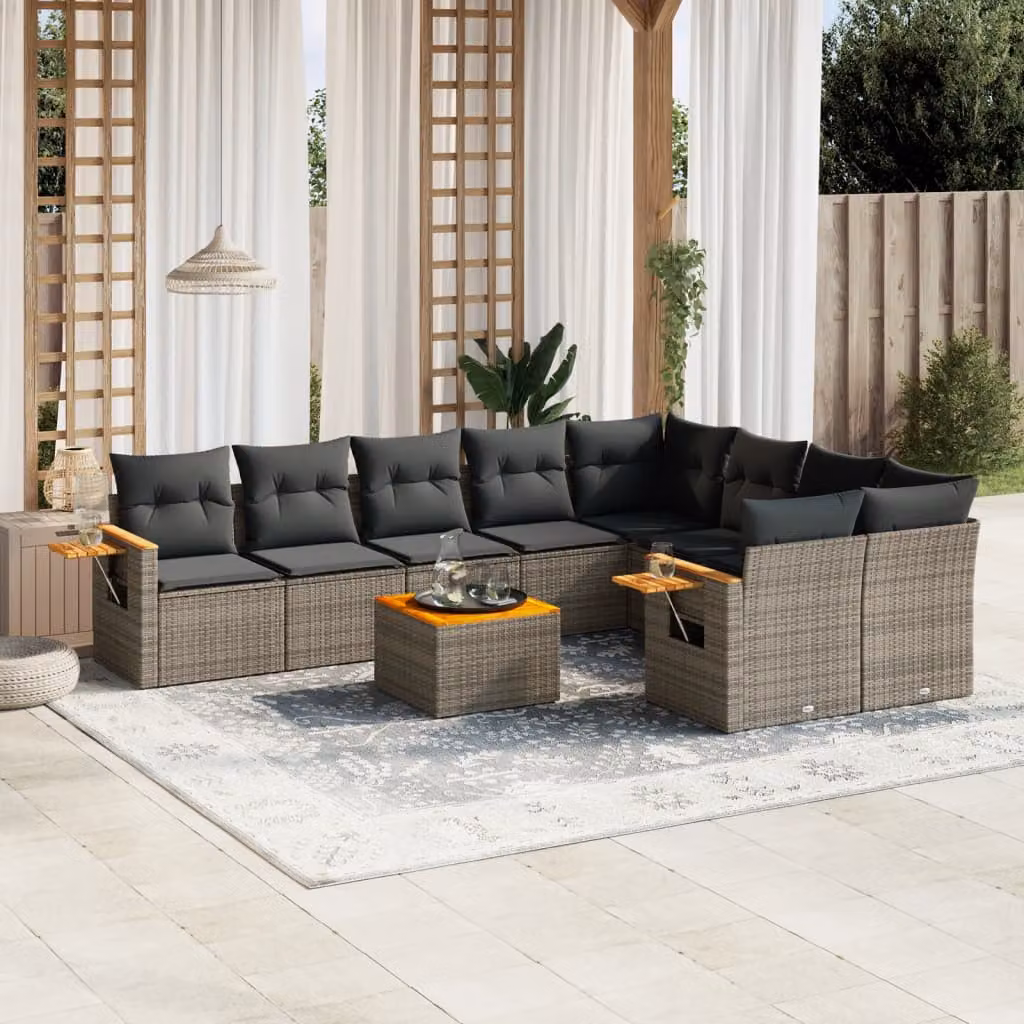 vidaXL Set Divano da Giardino 10 pz a L con Cuscini Grigio in Polyrattan e Tavolino da Caffè – 1