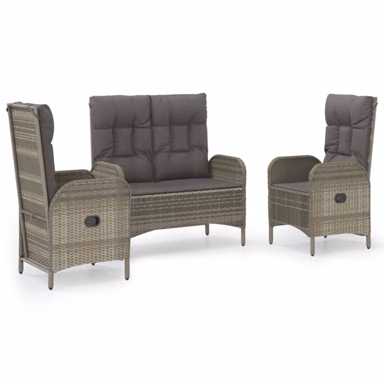 Set da Pranzo da Giardino 3 pz con Cuscini in Polyrattan Grigio