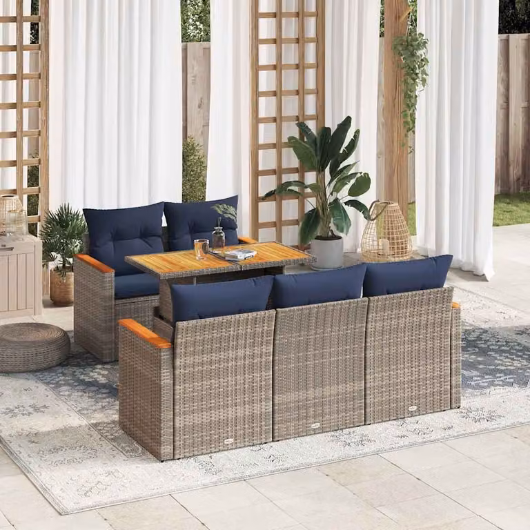 Set Divano da Giardino vidaXL 6 pz a Forma a L in Polyrattan con Cuscini e Tavolino, Grigio e Blu