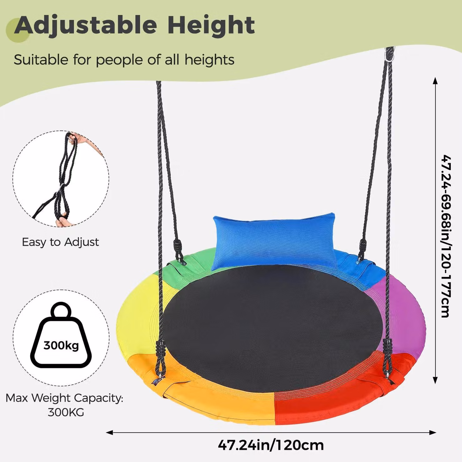 Altalena a forma di arcobaleno colorato - Sedile a disco rotondo, diametro 120 cm - Altezza regolabile - Cuscino rimovibile - Adatta a bambini e adulti - Multicolore