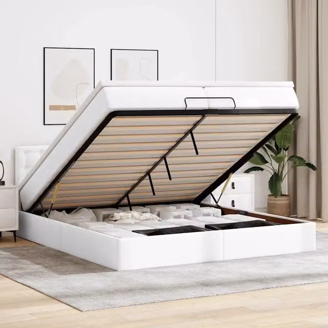 Letto con contenitore a sollevamento e materasso vidaXL in similpelle bianco, L: 200 cm, P: 200 cm, H: 280 cm – 1