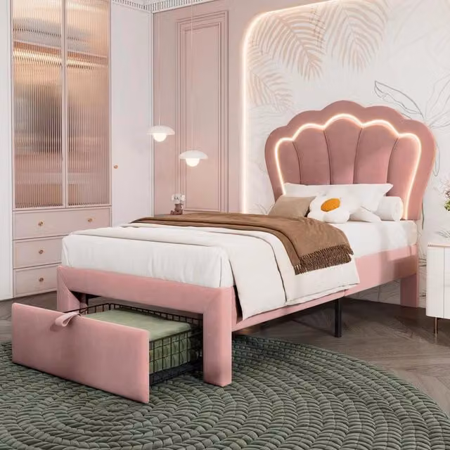 Letto a LED per bambini con cassetto - Xylo - 90x200 cm - Rosa - Controllo APP