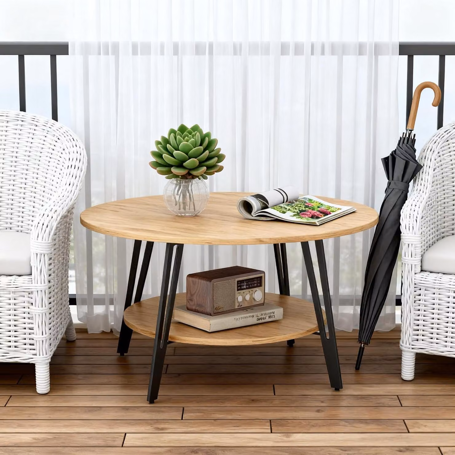 Tavolino da caffè rotondo in legno e metallo, tavolino ausiliario, tavolino da soggiorno, con spazio contenitivo, in legno di quercia, design moderno