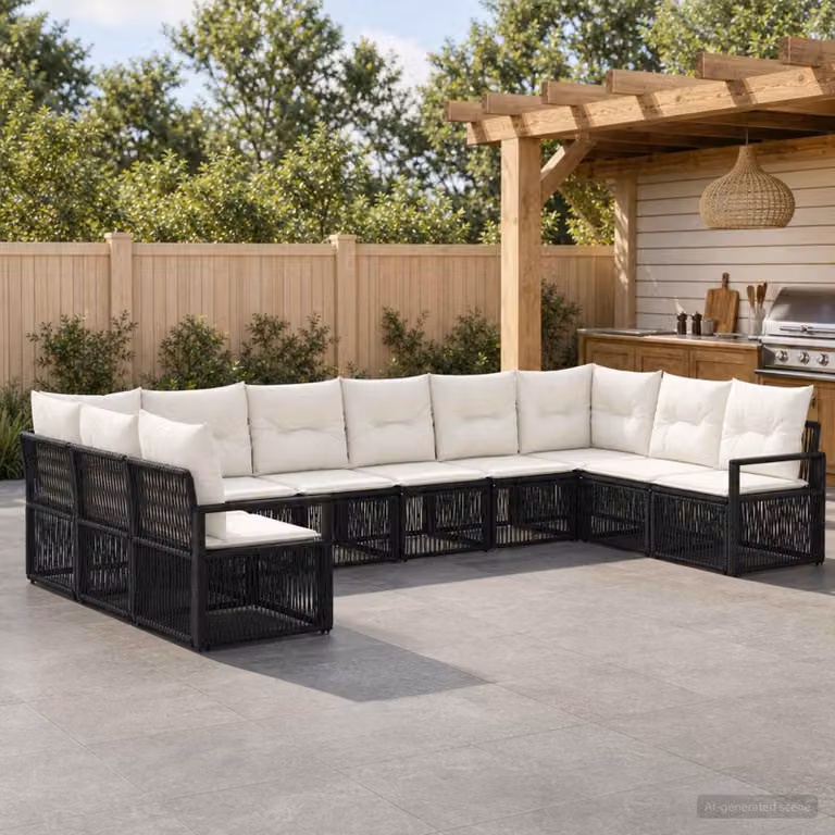 Set Divano da Giardino a Forma di U vidaXL in Polyrattan Nero con Cuscini e Struttura in Acciaio