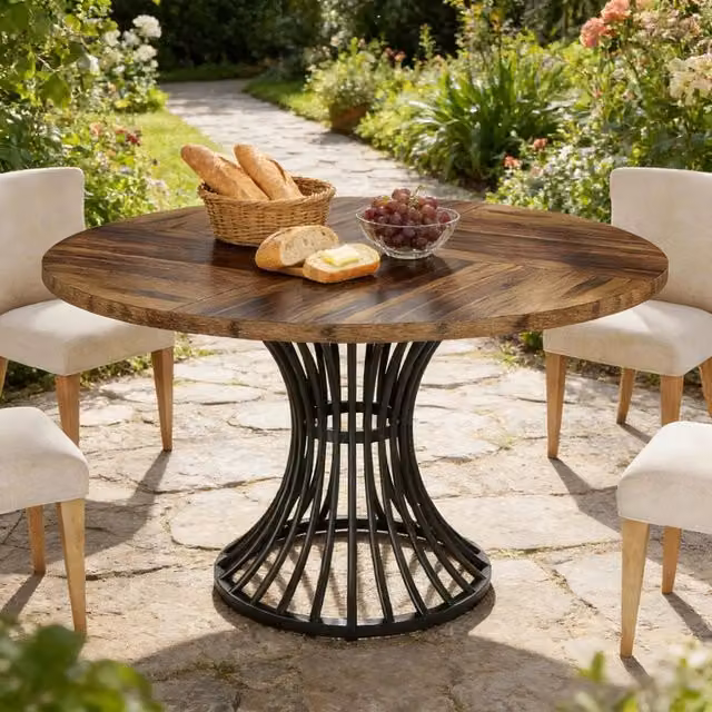 Tavolo da pranzo rotondo per 6 persone con base a clessidra e piedini regolabili in MDF e metallo nero