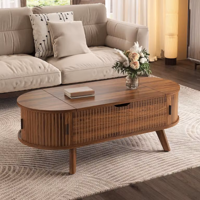 Tavolino ovale okwish con piano regolabile in altezza, finitura effetto legno venato, spazio contenitivo nascosto e ante scorrevoli, noce