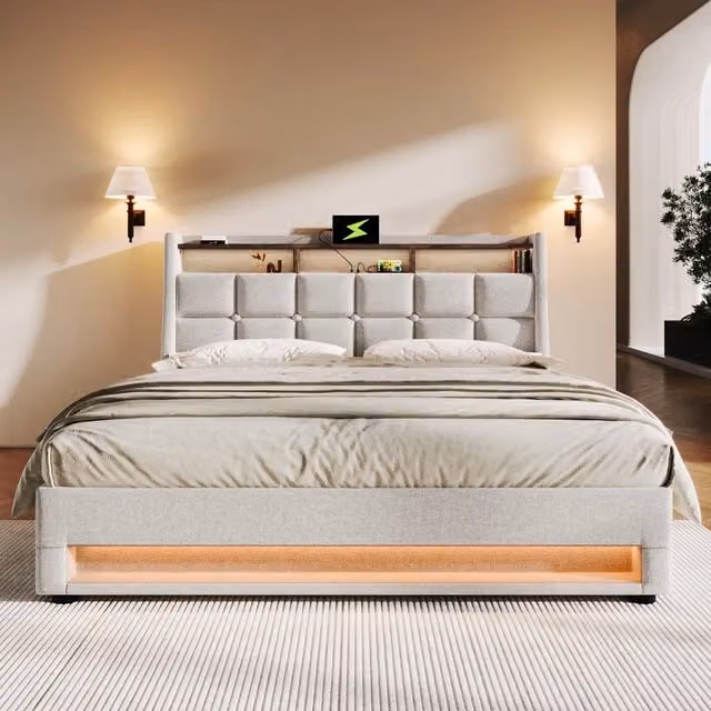 Letto Imbottito Matrimoniale con LED e Rete a Doghe ¨C MINIMAL ¨C Lino 160x200 cm