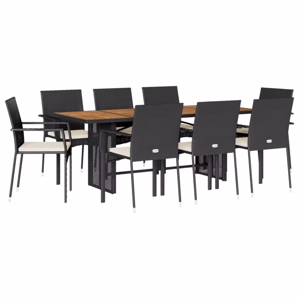 Set da pranzo da giardino vidaXL in polyrattan e legno di acacia con 9 pezzi e cuscini, nero e bianco – 2