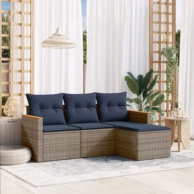 Set di Divani da Giardino a L vidaXL in Polyrattan con Cuscini Blu e Grigio – 1