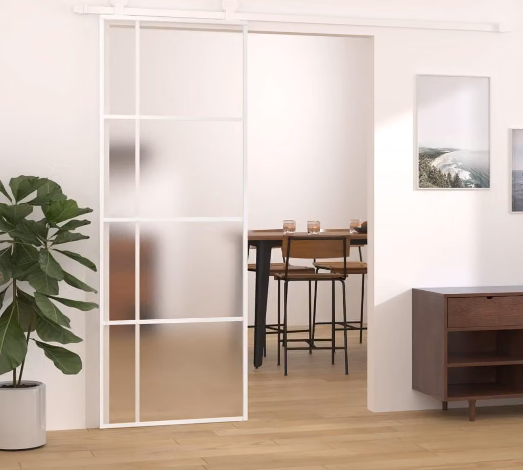 The Living Store Porta scorrevole ESG vetro e alluminio opaco 76x205 cm Bianco