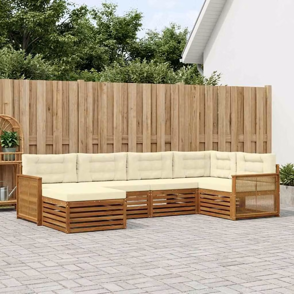 Set di divani da esterno vidaXL 6 pz in legno di acacia con cuscini, forma a L, colori beige, bianco e marrone
