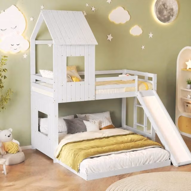 Letto a castello per bambini REDOM con scivolo e scala, struttura in pino e MDF, colore bianco, L: 227 cm, P: 210 cm, H: 216 cm