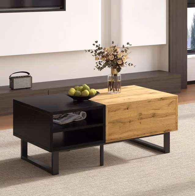 Tavolino da salotto ULEVR 100x50x40 cm con 3 vani aperti e cassetto, pannello truciolare effetto legno e nero