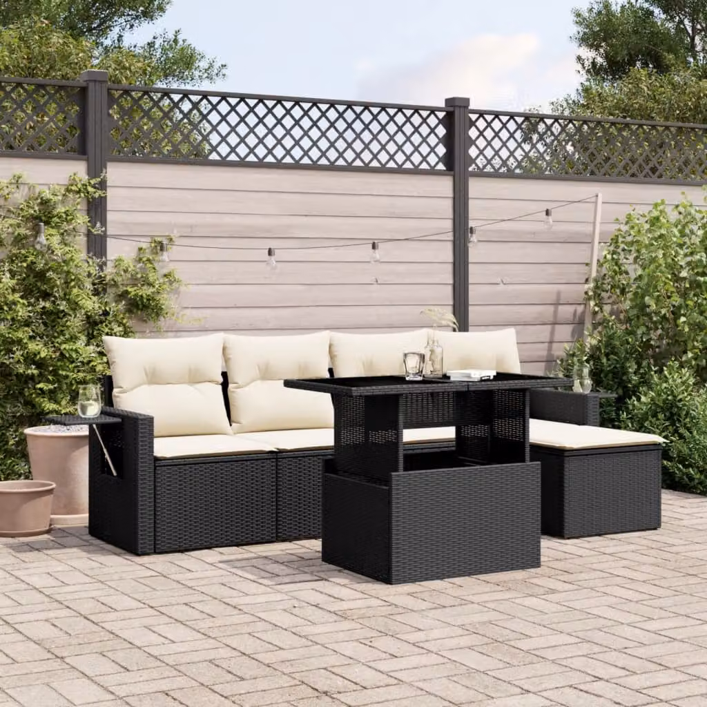 Set Divano da Giardino vidaXL 6 pz con Cuscini, Polyrattan e Metallo, Nero e Bianco – 1