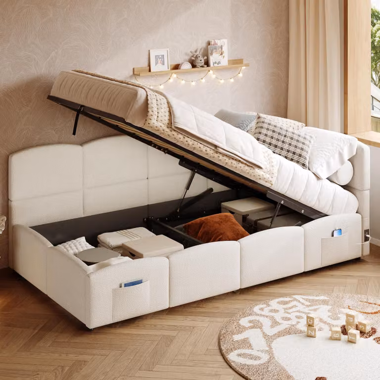 MODFU letto imbottito con materasso 90x200 struttura letto contenitore in tessuto bouclé, letto per ragazzi con caricatore USB, letto per ragazzi con sacco contenitore, beige