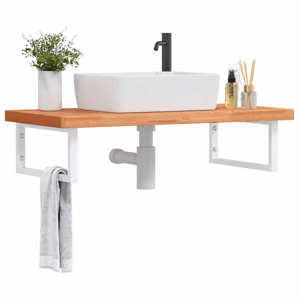 vidaXL Ripiano a Parete per Lavabo in Legno di Faggio e Metallo, Bianco e Marrone