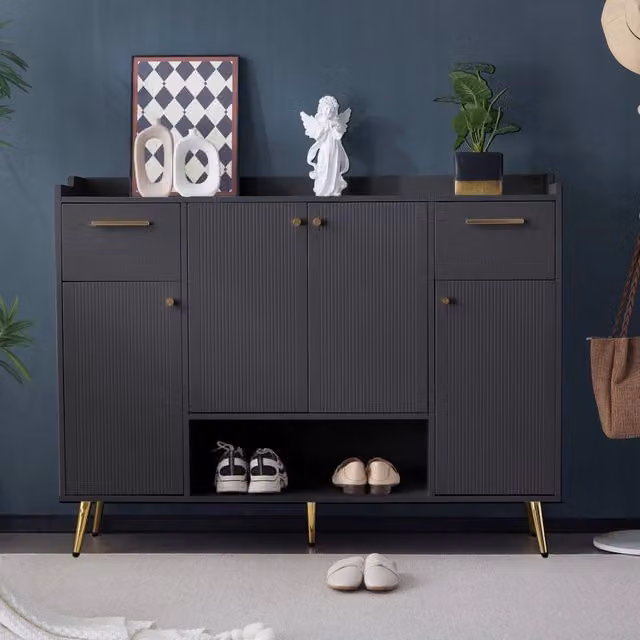 Scarpiera moderna Mivray nera con 2 cassetti, 4 ante e vano aperto, L/P/H: 130 x 37 x 100 cm