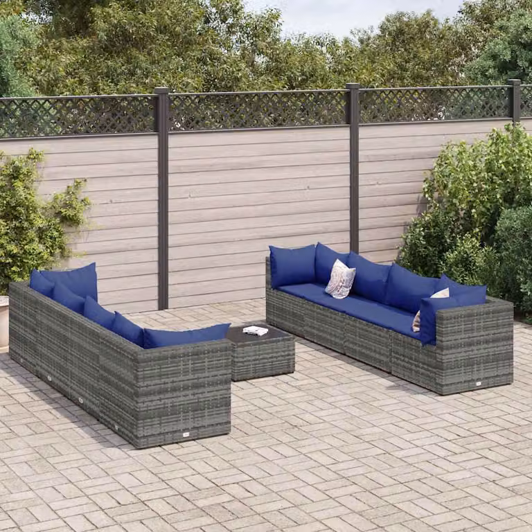 Set Divani da Giardino vidaXL 9 pz a Forma a L con Tavolino da Caffè, Polyrattan e Metallo, Grigio e Blu