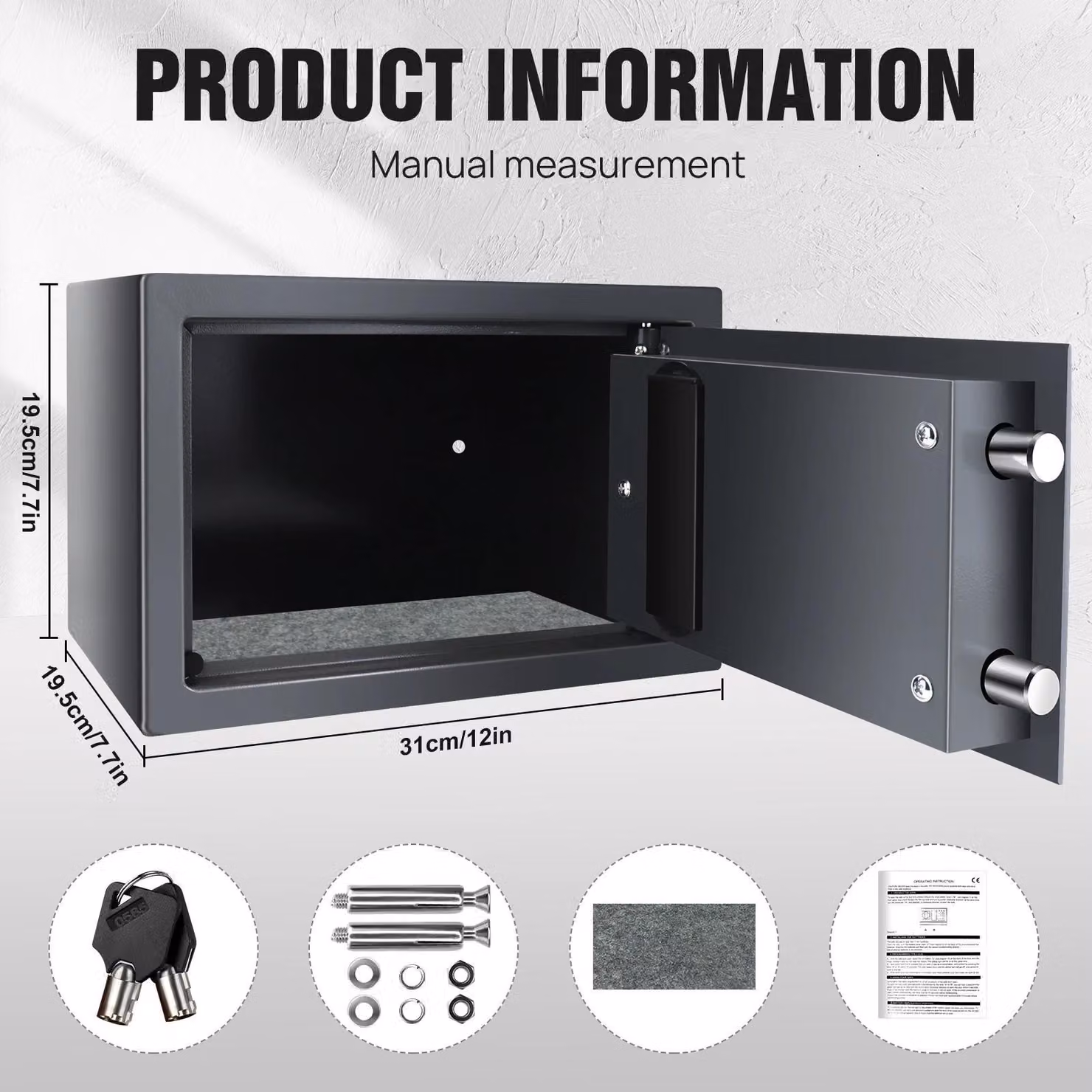 Cassaforte domestica - Cassaforte elettronica - Capacità 8,5 l - Dimensioni 20×31×20 cm - PIN + chiave - Acciaio massiccio - Blocco dopo 3 tentativi - Grigio