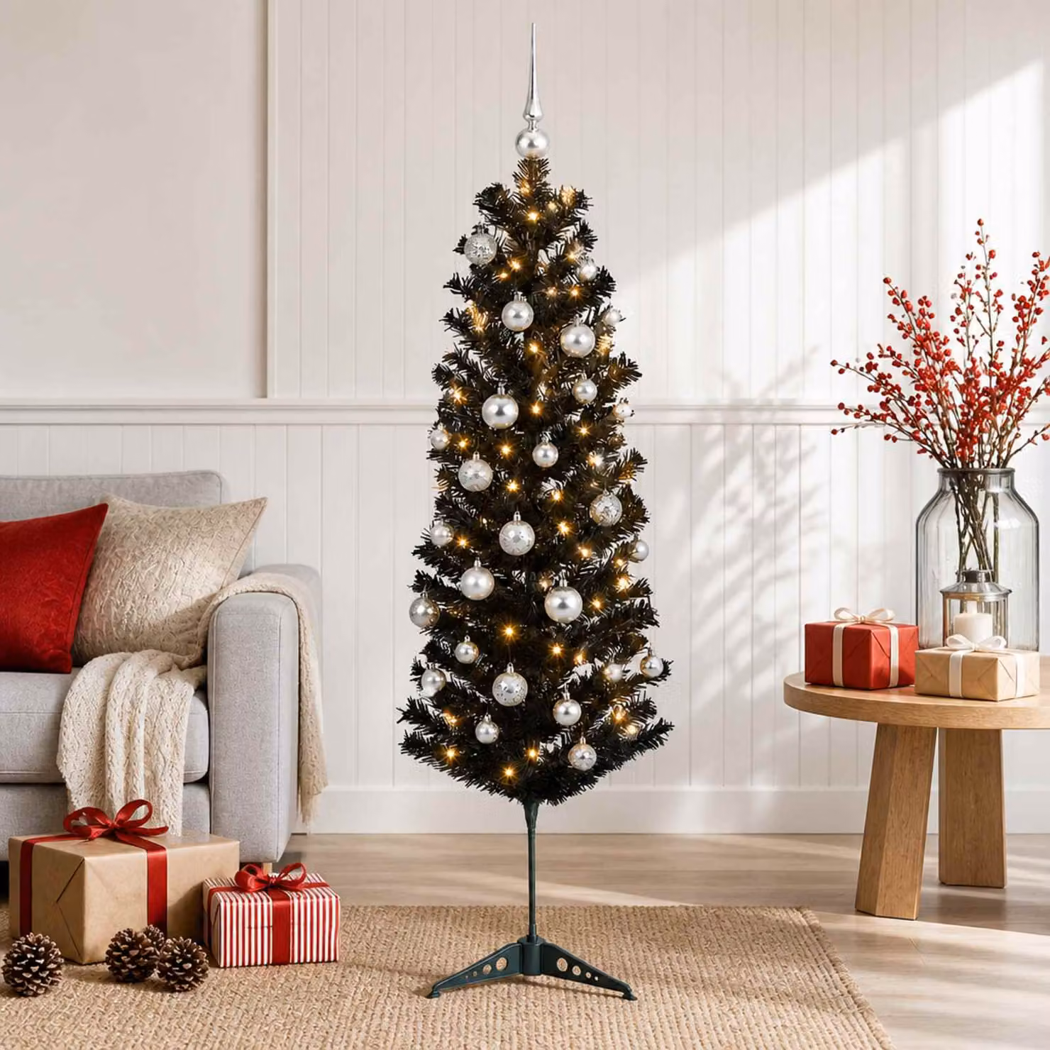 vidaXL Albero di Natale Artificiale Slim con Palline 150 cm 150 LED