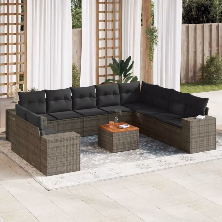 vidaXL Set Divani da Giardino 11 pz in Polyrattan Grigio con Cuscini e Tavolino