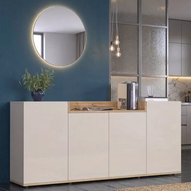 Madia Swink DMORA con 6 ripiani, Credenza moderna Bianco Cashmere, L 160 x P 35 x H 70 cm