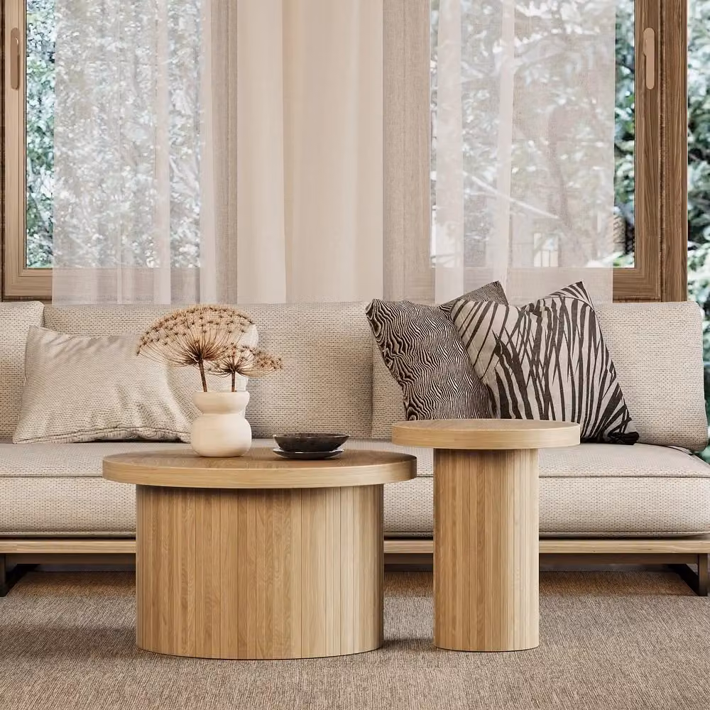 Tavolino da Salotto Rotondo Minimal con Ripiano in Legno Naturale Marrone e Design Moderno Multifunzionale – 2