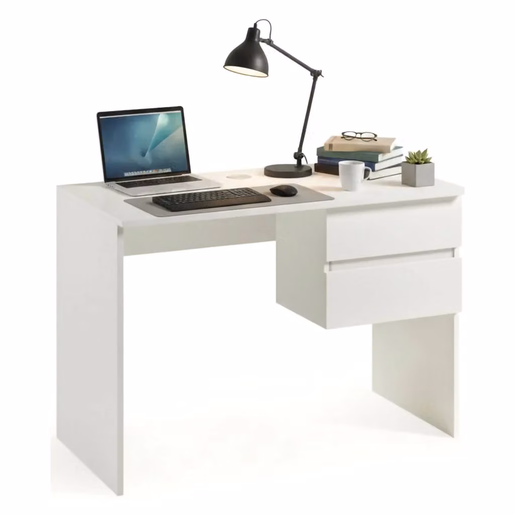Scrivania Zimone DMORA con 2 cassetti, tavolo da studio moderno in MDF bianco, L: 110 cm, P: 53 cm, H: 76 cm – 2