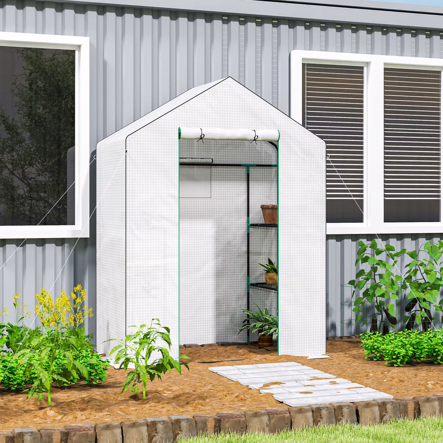 Serra da giardino Outsunny con 1 porta, 1 finestra e 3 livelli per piante e fiori, tela PE, bianco, L 143 x P 74 x H 190 cm – 2