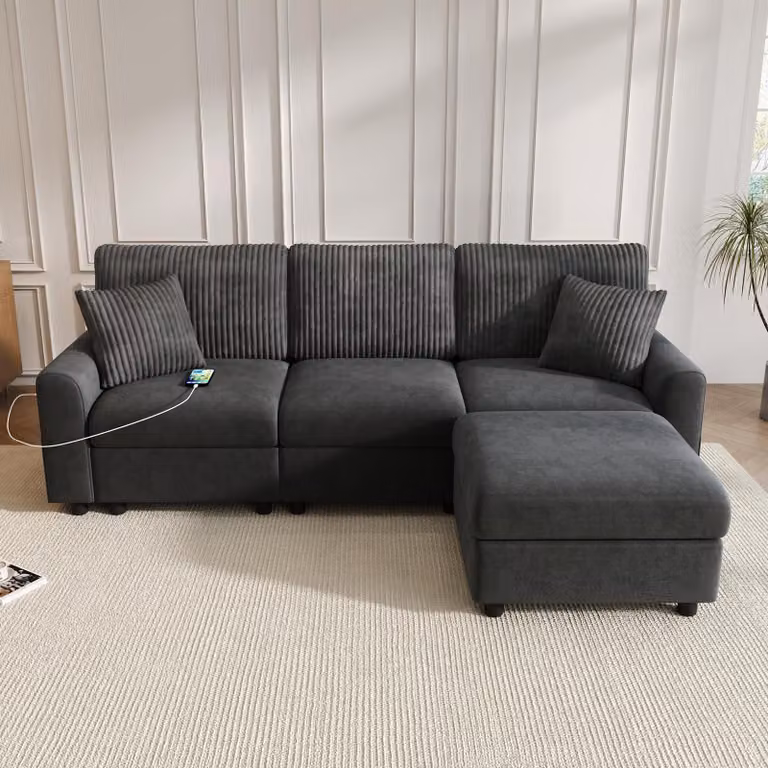 Merax Divano moderno a 3 posti, divano ad angolo a L con poggiapiedi, rivestimento in ciniglia, porta USB Type-C, con cuscini, divano grande da salotto, nero