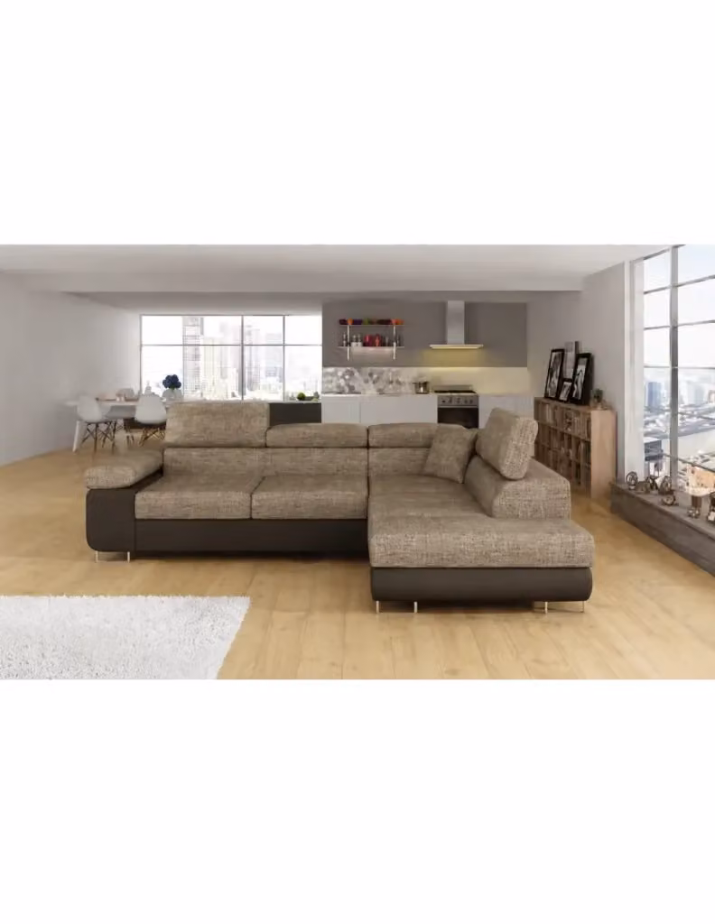 Divano angolare convertibile MENTON MEUBLORAMA beige e marrone in tessuto bouclé con contenitore e funzione letto, L 272 cm x P 145 cm x H 85 cm – 2