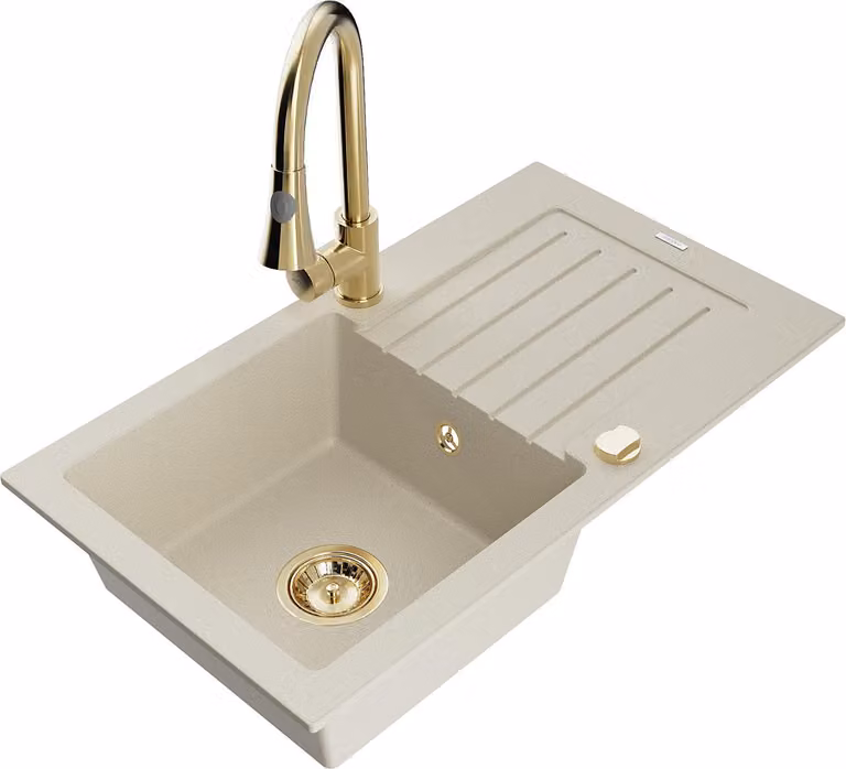Mexen Pablo lavello in granito 1-vasca con sgocciolatoio e miscelatore cucina Elia, beige - 6510-69-670101-50