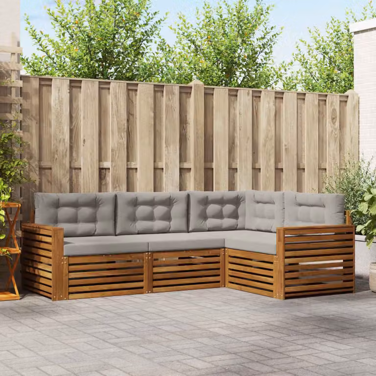 Set di divani da esterno vidaXL a forma di L in legno di acacia con cuscini, Grigio e Marrone