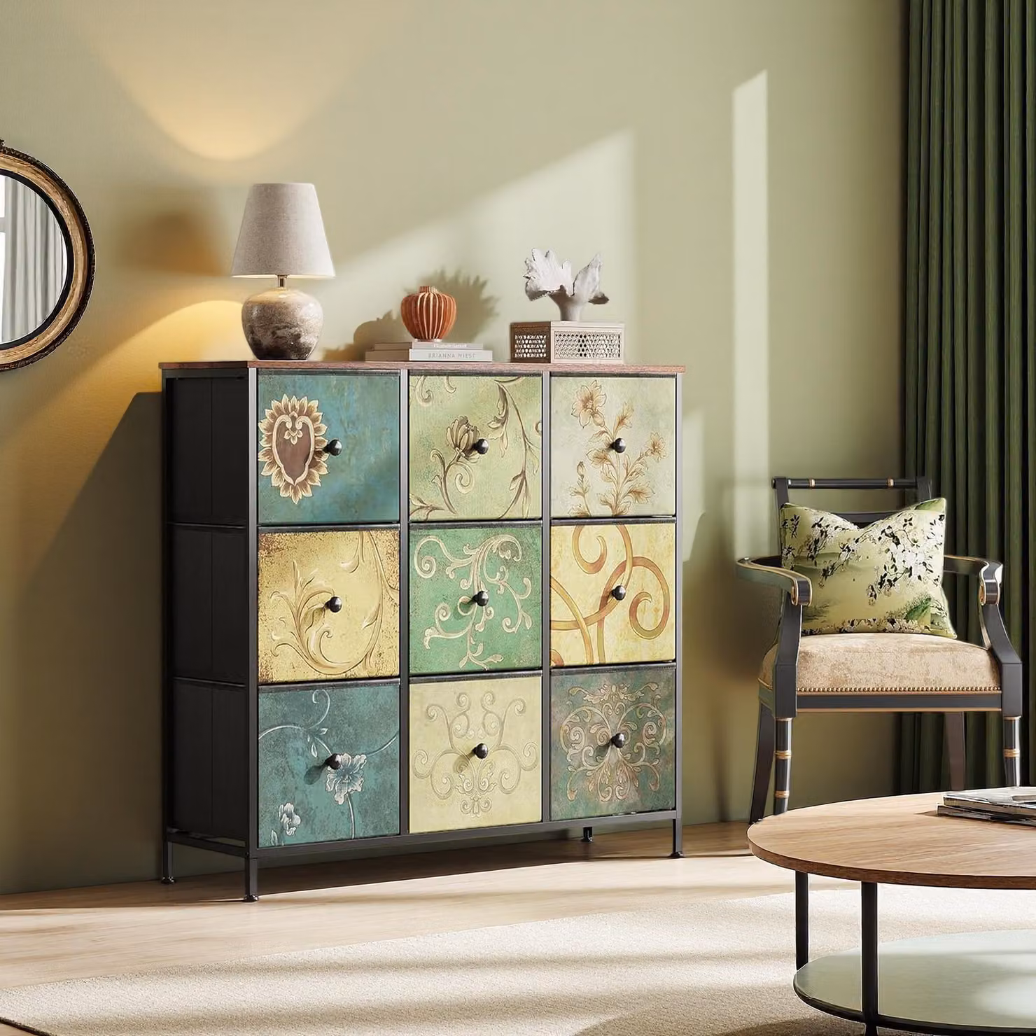 Comodino INONEFT con 9 cassetti, mobile contenitore retrò con piano in legno, cassetti in tessuto e struttura in metallo, adatto per camera da letto o soggiorno, dimensioni 30x87x100 cm