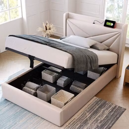Letto imbottito Sweiko con porta di ricarica USB/TYP-C, testata geometrica, lino, 90*200cm Beige (senza materasso)