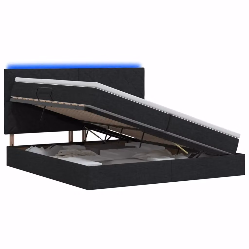 Letto con contenitore e illuminazione LED vidaXL in tessuto nero con porta USB e materasso L/P/H: 200 x 200 x 34 cm – 2