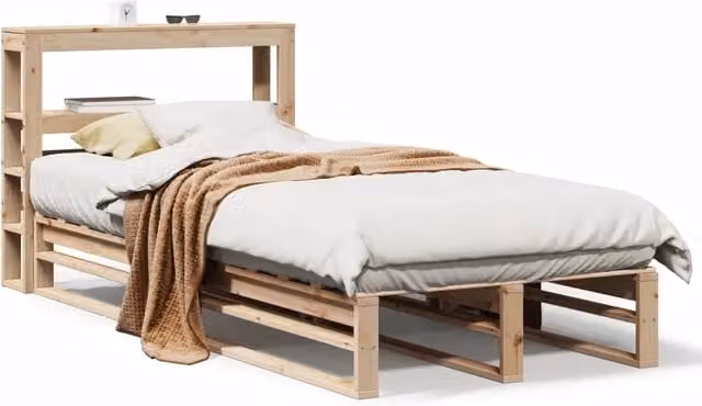Letto singolo per adulti in legno massello di pino naturale con ripiani laterali L/P/H: 190 x 90 x 82 cm