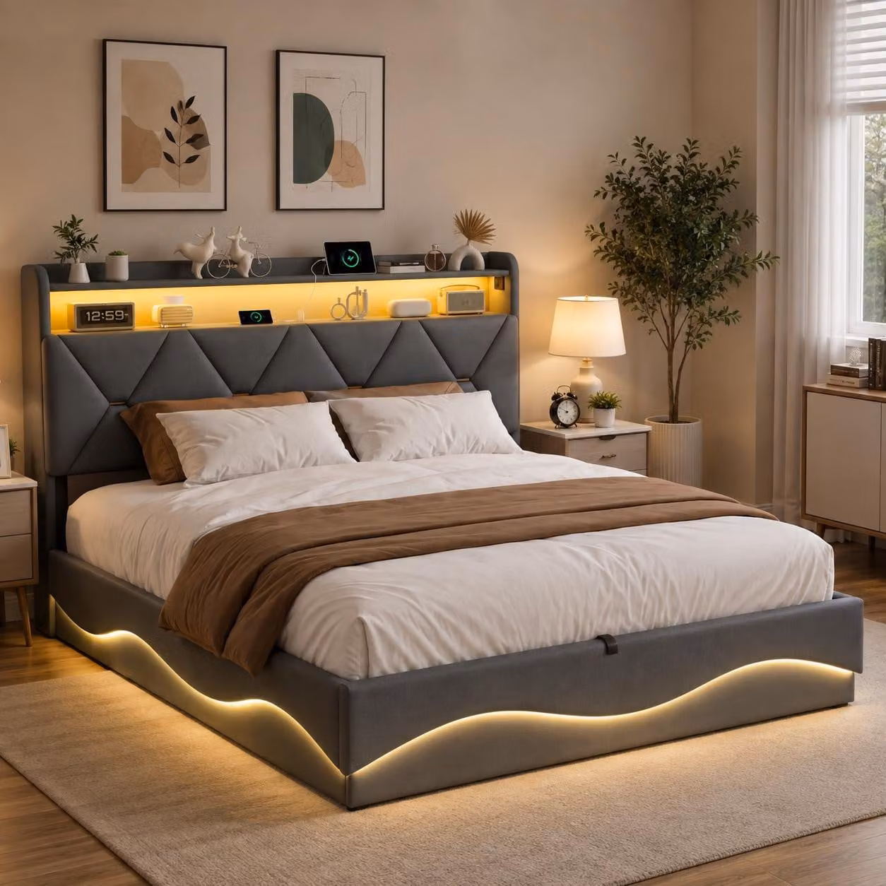 Letto imbottito INONEFT, 160x200 cm, con illuminazione LED e prese USB, contenitore a sollevamento idraulico, letto per ragazzi con contenitore integrato nella testiera, rivestito in velluto grigio