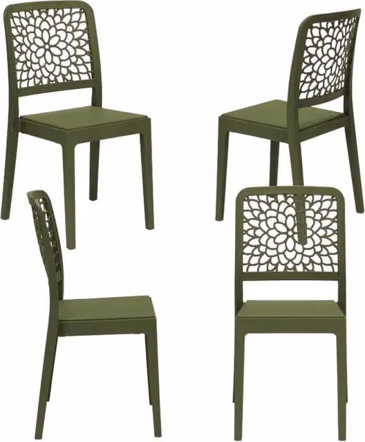 Set 4 sedie in polipropilene TICHE, 100% MADE IN ITALY, impilabile, idrorepellente, resistenza raggi UV, design moderno floreale per sala da pranzo, cucina, bar, ristoranti, esterno, colore Verde Oliva