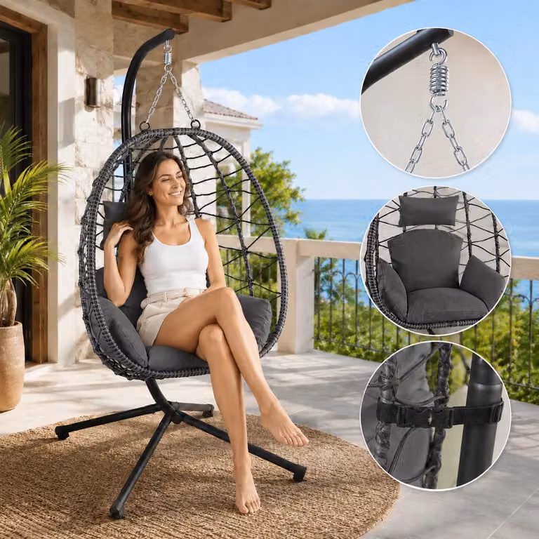 Sedia sospesa Makika con struttura in polyrattan regolabile in altezza in grigio