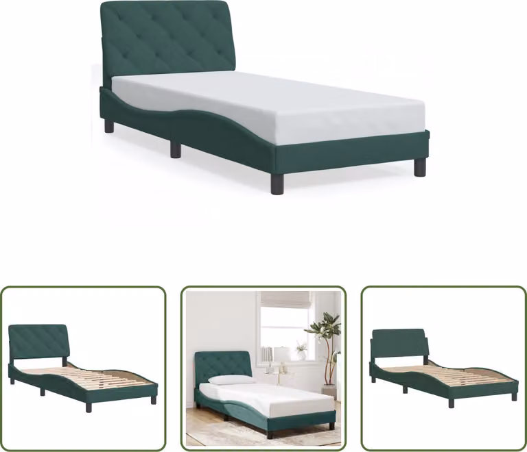 The Living Store Struttura letto con testiera in velluto verde scuro 90x200 cm