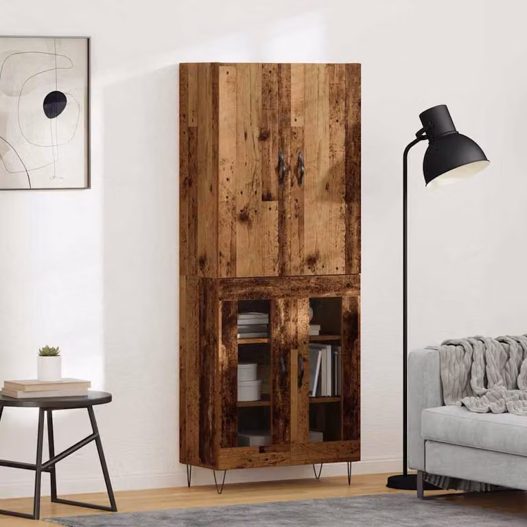 Set di 2 credenze moderne vidaXL in legno vecchio e vetro, colore marrone, L/P/H: 69,5 x 34 x 180 cm