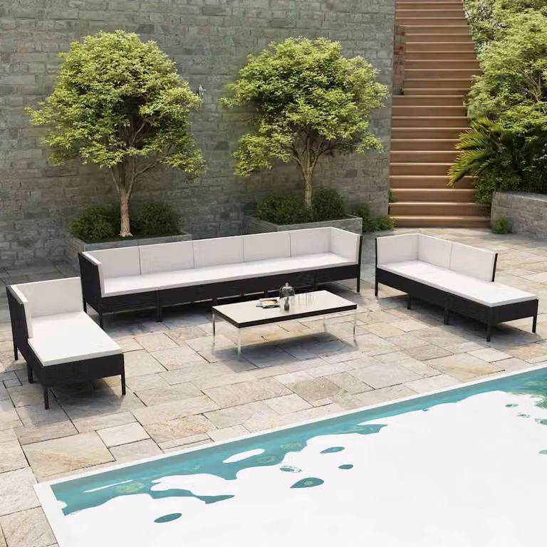 Set di divani da giardino vidaXL in polyrattan nero e bianco con cuscini, design moderno a forma di U con elementi angolari e pouf