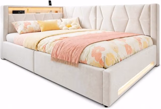 Letto matrimoniale 140x200 cm con contenitore idraulico; LED; USB e USB-C; velluto beige