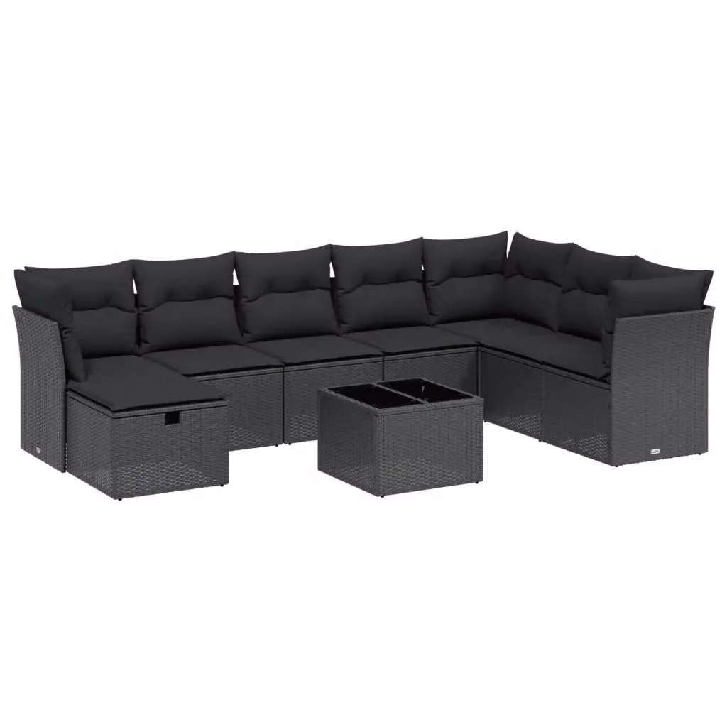Set di Divani da Giardino vidaXL 9 pz con Cuscini e Tavolino, Design Moderno a L in Polyrattan Nero con Struttura in Acciaio e Vetro – 2