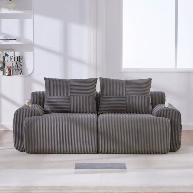 Divano modulare a 2 posti in corduroy grigio scuro; 200x99x80 cm con portabicchiere e tasca laterale