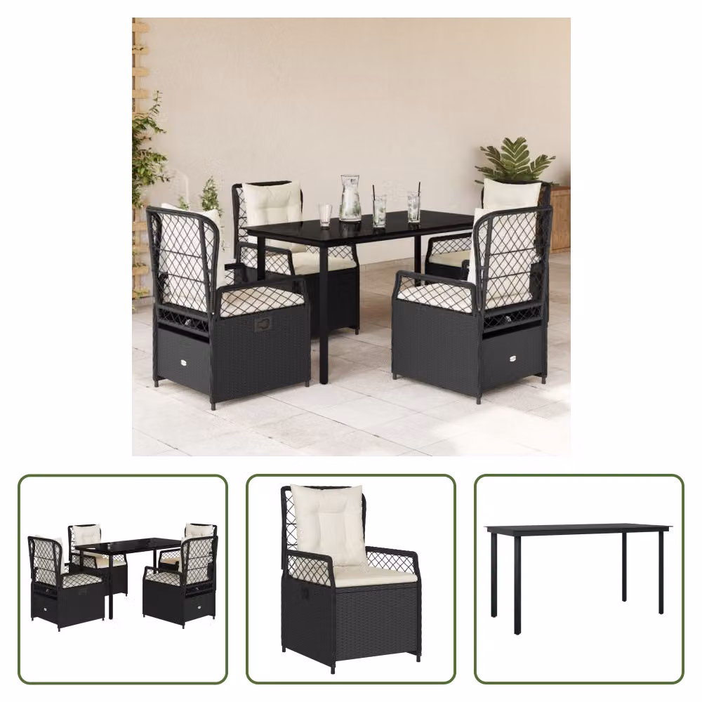 The Living Store Set da pranzo da giardino 5 pezzi con cuscini in poly rattan nero