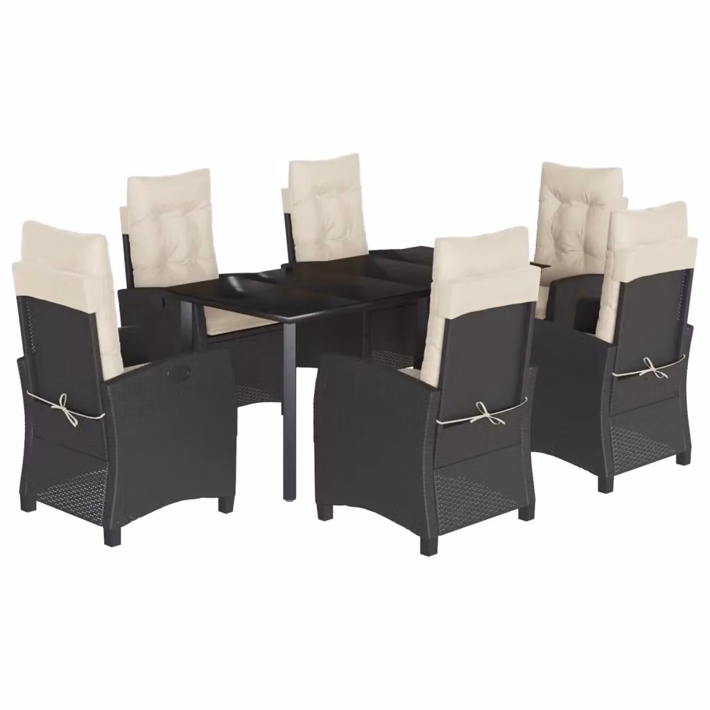Set da Pranzo da Giardino vidaXL 7 pz in Polyrattan Nero con Piano in Vetro e Cuscini – 2